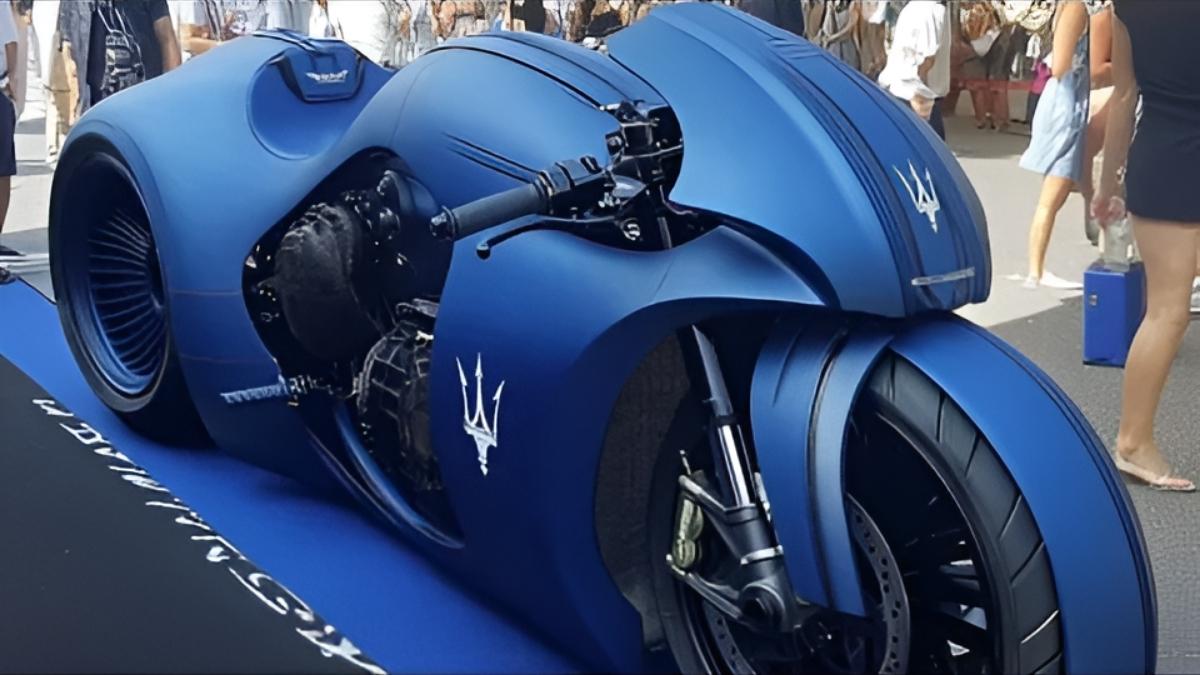 Maserati Motorcycle: diseño exclusivo azul y blanco con estilo deportivo y lujo italiano en carretera